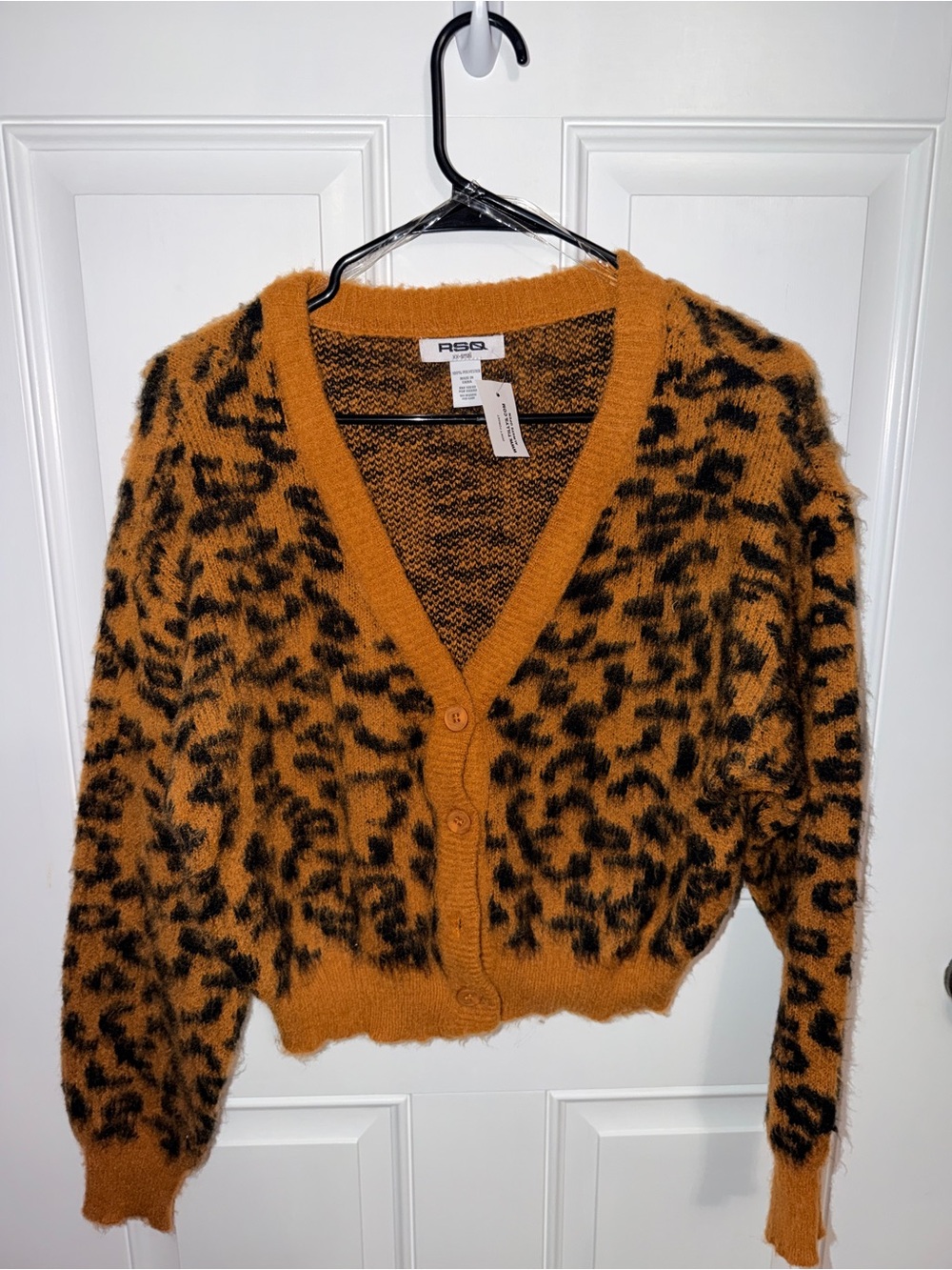 RSQ Rust Orange and Black Leopard V-Neck Button Cardigan